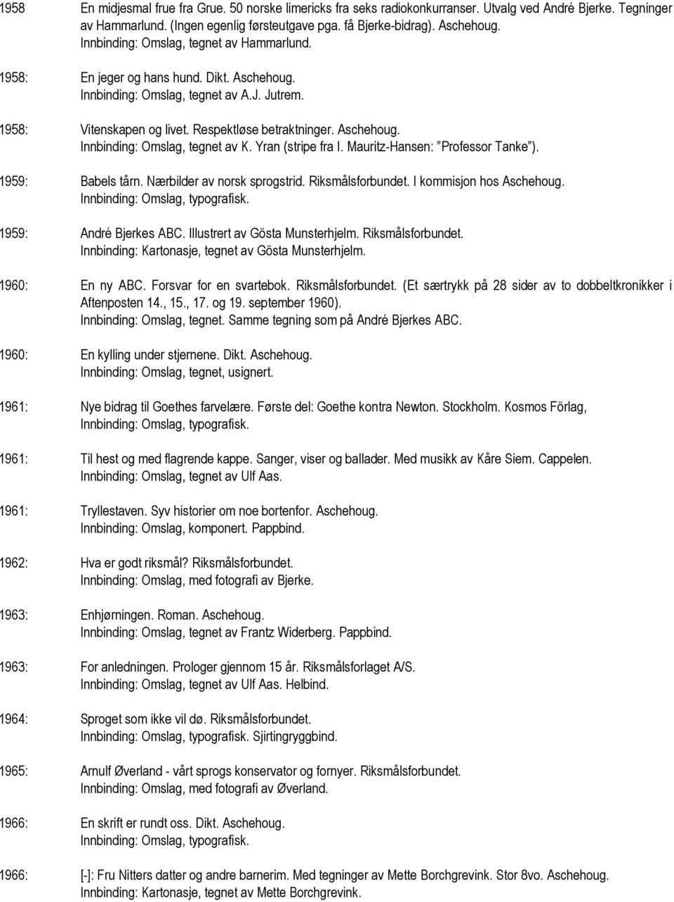 Yran (stripe fra I. Mauritz-Hansen: Professor Tanke ). 1959: Babels tårn. Nærbilder av norsk sprogstrid. Riksmålsforbundet. I kommisjon hos Aschehoug. 1959: André Bjerkes ABC.