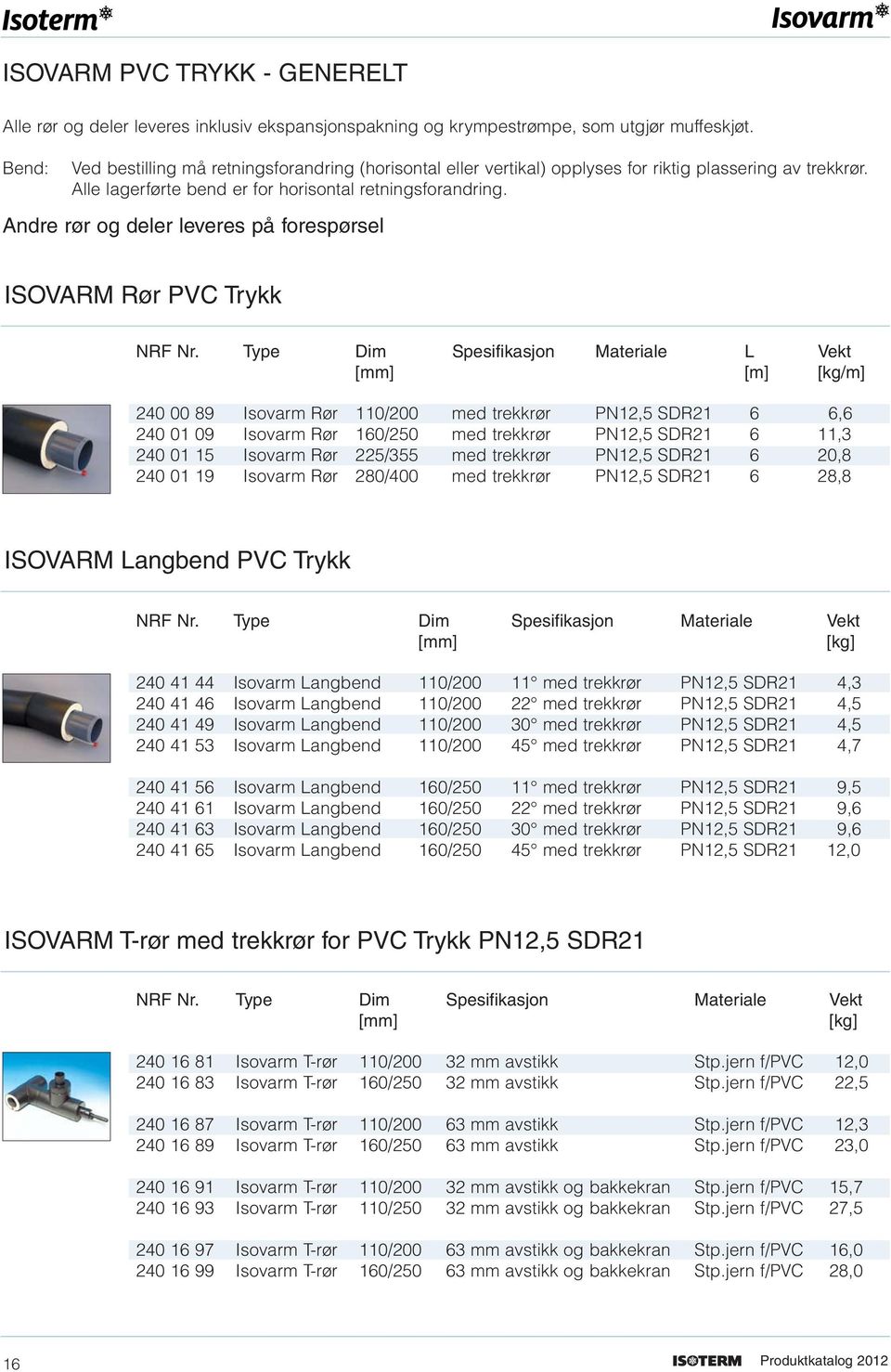 Andre rør og deler leveres på forespørsel ISOVARM Rør PVC Trykk NRF Nr.