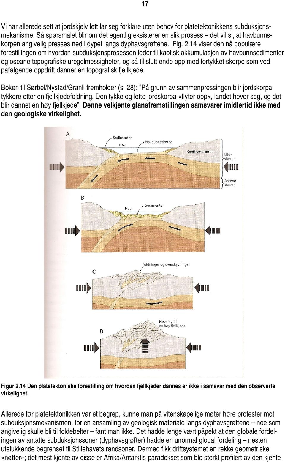 14 viser den nå populære forestillingen om hvordan subduksjonsprosessen leder til kaotisk akkumulasjon av havbunnsedimenter og oseane topografiske uregelmessigheter, og så til slutt ende opp med