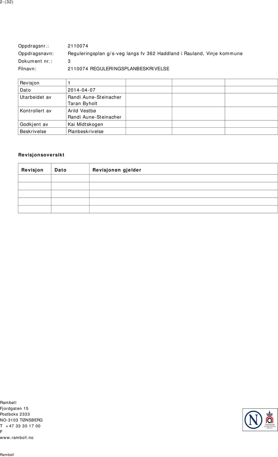 : 3 Filnavn: 2110074 REGULERINGSPLANBESKRIVELSE Revisjon 1 Dato 2014-04-07 Utarbeidet av Kontrollert av Godkjent av