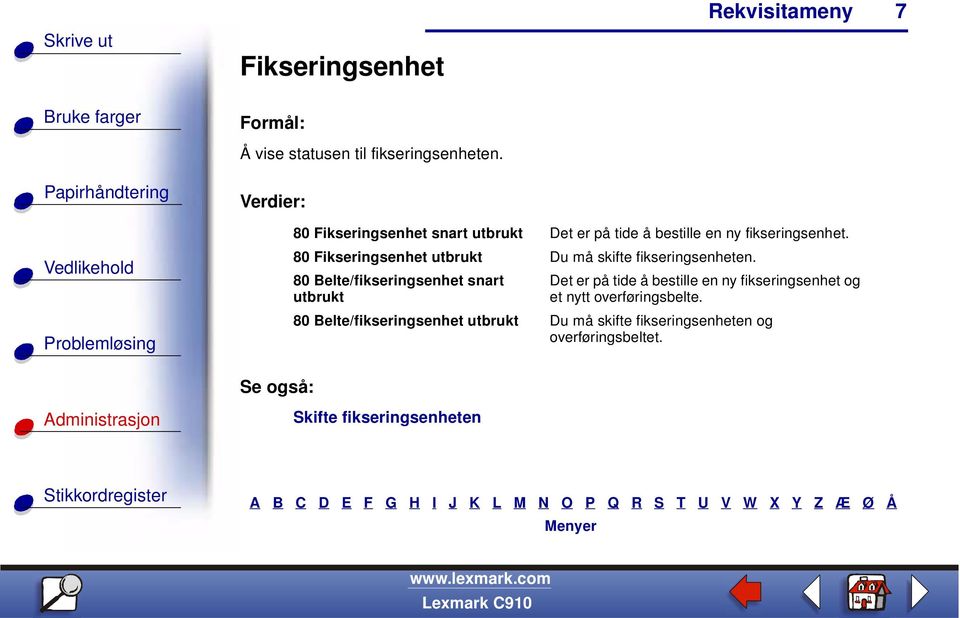 80 Fikseringsenhet utbrukt Du må skifte fikseringsenheten.