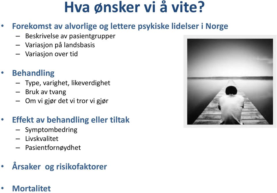 Variasjon på landsbasis Variasjon over tid Behandling Type, varighet, likeverdighet Bruk