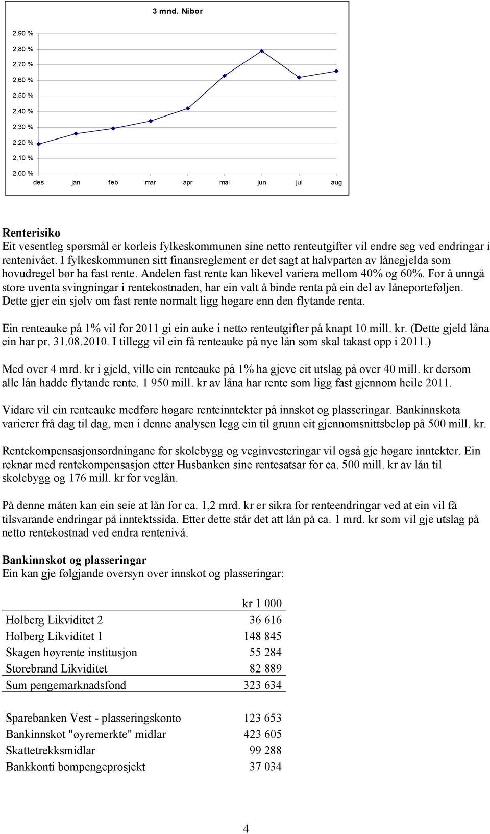 vil endre seg ved endringar i rentenivået. I fylkeskommunen sitt finansreglement er det sagt at halvparten av lånegjelda som hovudregel bør ha fast rente.