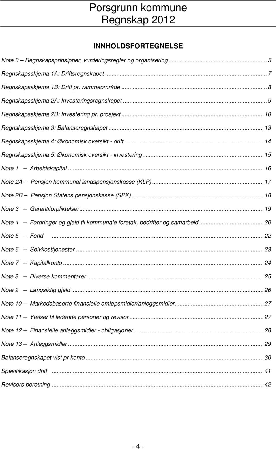 .. 14 Regnskapsskjema 5: Økonomisk oversikt - investering... 15 Note 1 Arbeidskapital... 16 Note 2A Pensjon kommunal landspensjonskasse (KLP)... 17 Note 2B Pensjon Statens pensjonskasse (SPK).