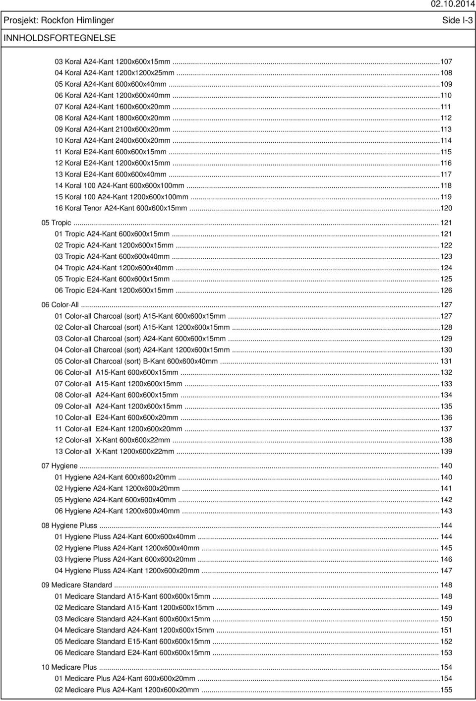 .. 114 11 Koral E24-Kant 600x600x15mm... 115 12 Koral E24-Kant 1200x600x15mm... 116 13 Koral E24-Kant 600x600x40mm... 117 14 Koral 100 A24-Kant 600x600x100mm... 118 15 Koral 100 A24-Kant 1200x600x100mm.