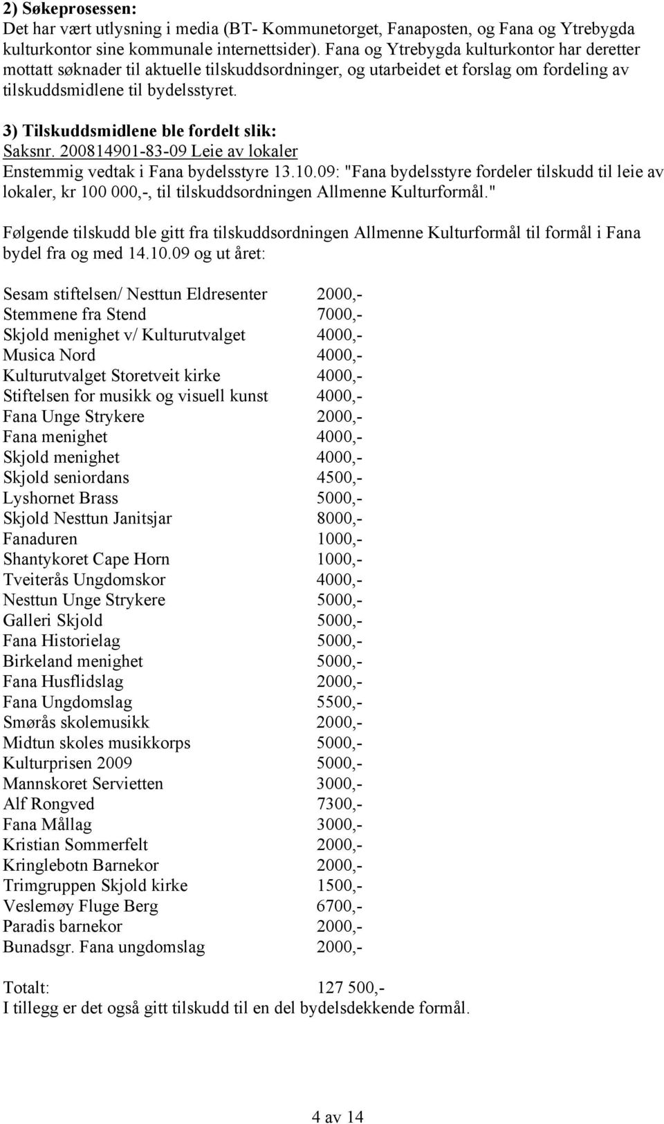 3) Tilskuddsmidlene ble fordelt slik: Saksnr. 200814901-83-09 Leie av lokaler Enstemmig vedtak i Fana bydelsstyre 13.10.