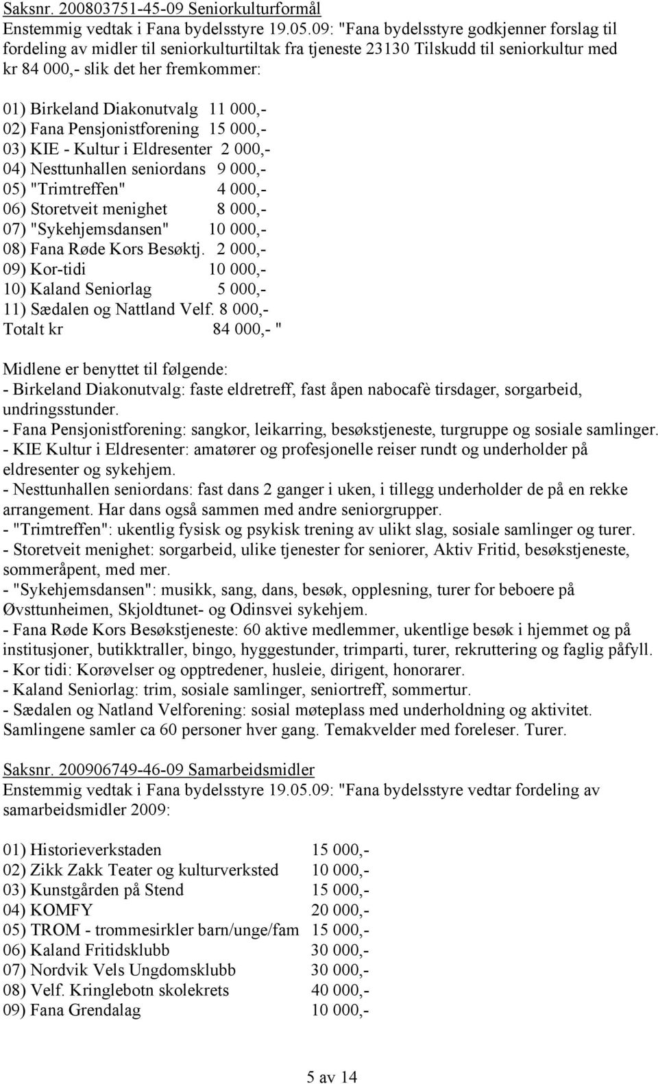 Diakonutvalg 11 000,- 02) Fana Pensjonistforening 15 000,- 03) KIE - Kultur i Eldresenter 2 000,- 04) Nesttunhallen seniordans 9 000,- 05) "Trimtreffen" 4 000,- 06) Storetveit menighet 8 000,- 07)