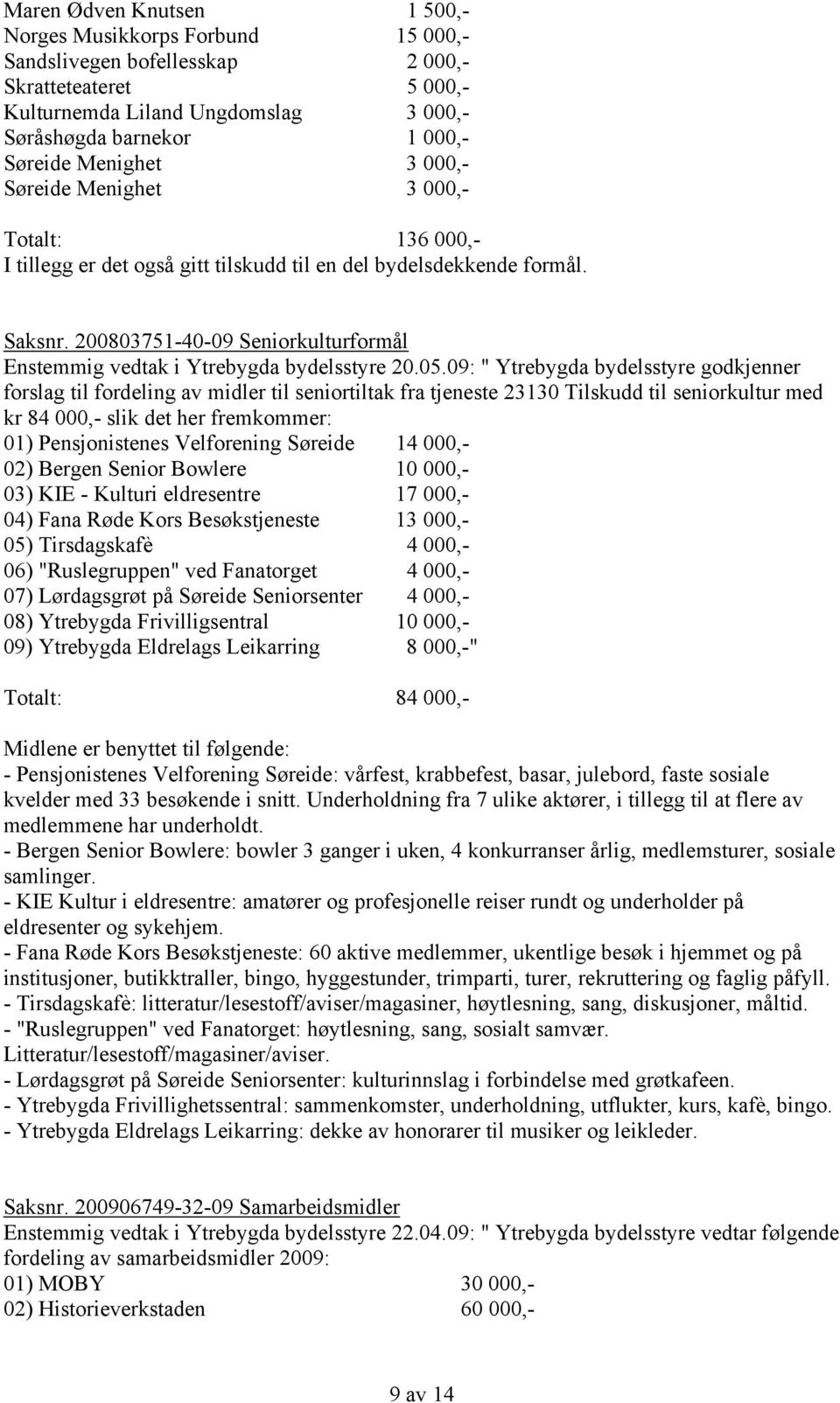 200803751-40-09 Seniorkulturformål Enstemmig vedtak i Ytrebygda bydelsstyre 20.05.