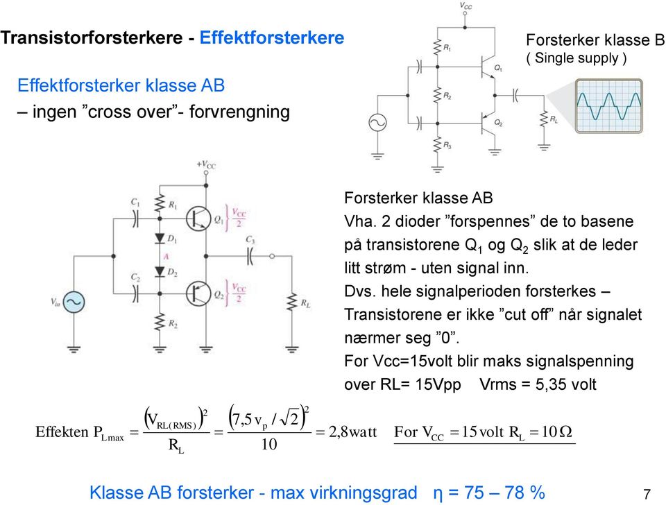 2 dioder forspennes de to basene på transistorene Q 1 og Q 2 slik at de leder litt strøm - uten signal inn. Dvs.