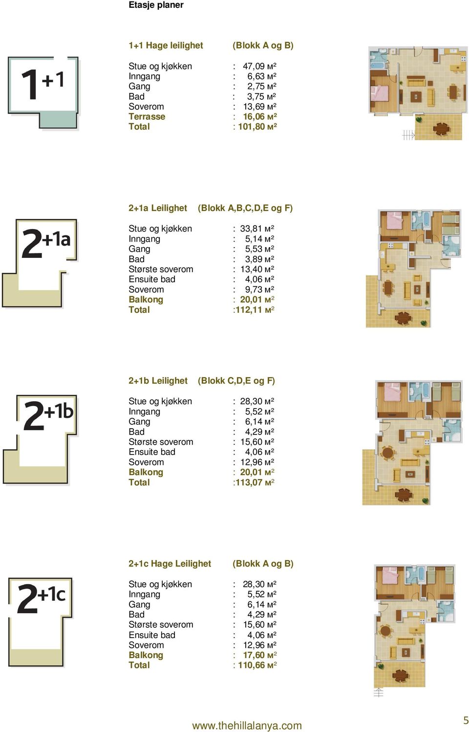 2+1b Leilighet (Blokk C,D,E og F) Stue og kjøkken : 28,30 м² Inngang : 5,52 м² Gang : 6,14 м² Bad : 4,29 м² Største soverom : 15,60 м² Ensuite bad : 4,06 м² Soverom : 12,96 м² Balkong : 20,01 м²