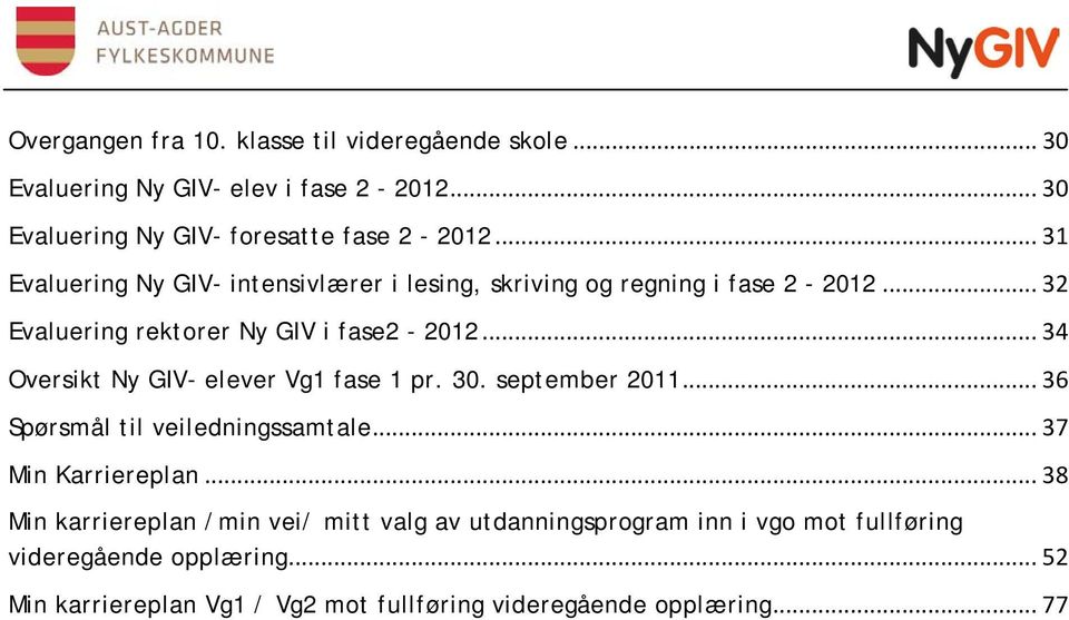 .. 34 Oversikt Ny GIV- elever Vg1 fase 1 pr. 30. september 2011... 36 Spørsmål til veiledningssamtale... 37 Min Karriereplan.