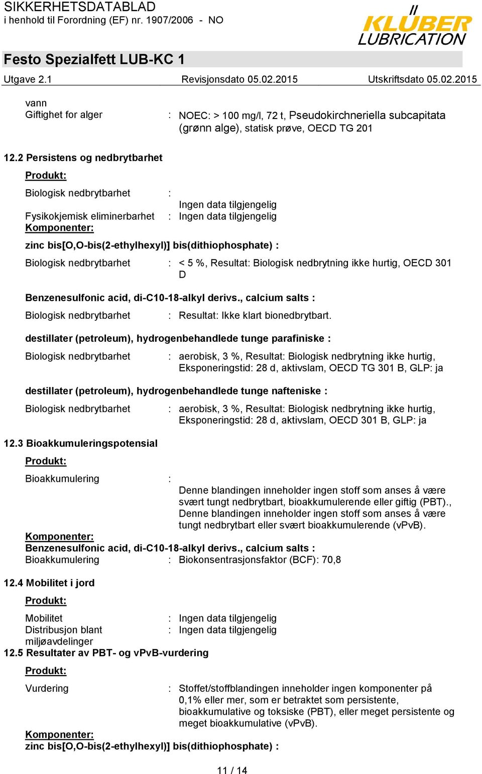 nedbrytbarhet : < 5 %, Resultat: Biologisk nedbrytning ikke hurtig, OECD 301 D Benzenesulfonic acid, di-c10-18-alkyl derivs.