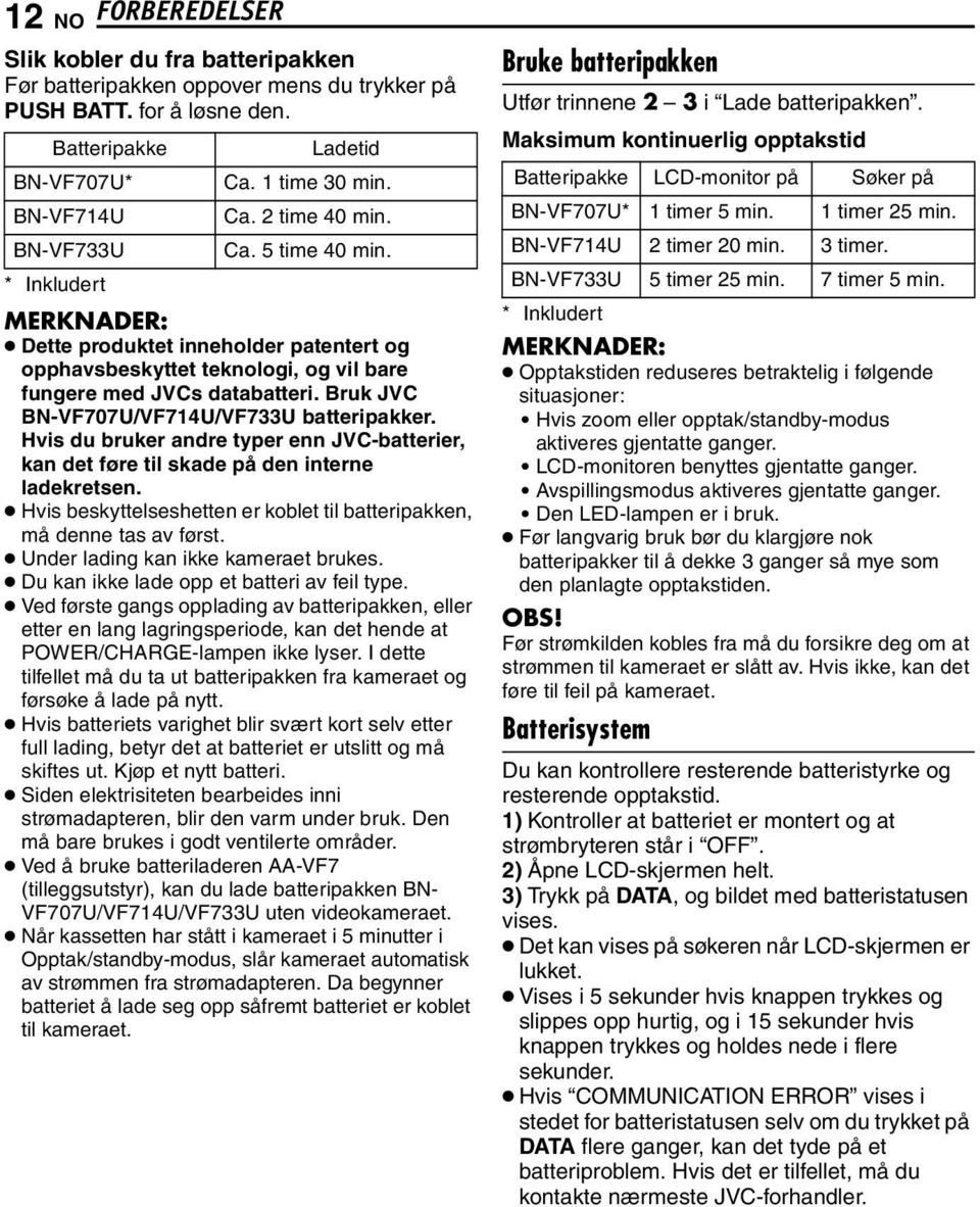 Bruk JVC BN-VF707U/VF714U/VF733U batteripakker. Hvis du bruker andre typer enn JVC-batterier, kan det føre til skade på den interne ladekretsen.