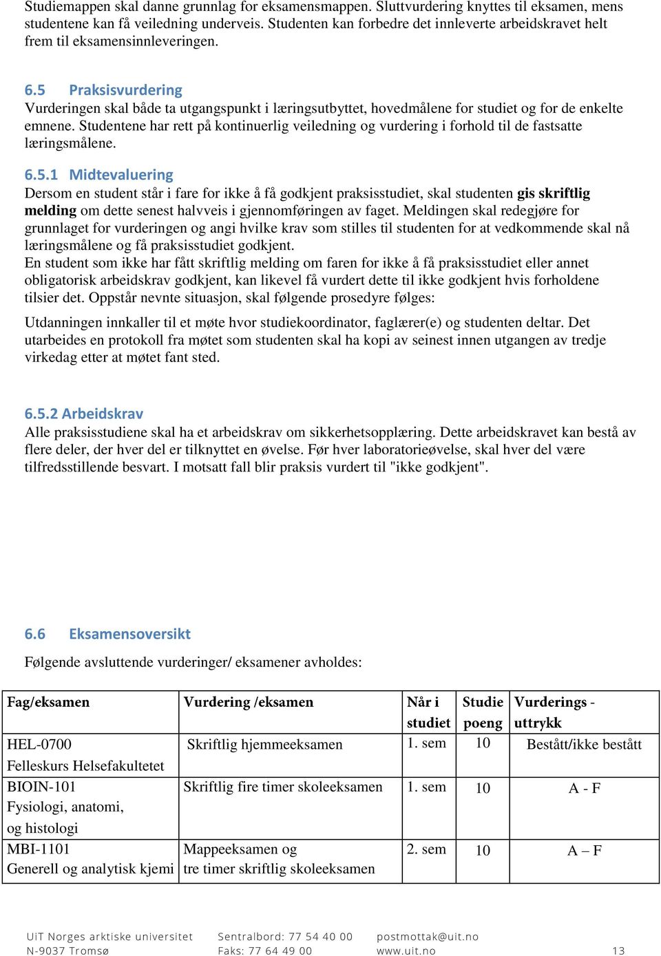 5 Praksisvurdering Vurderingen skal både ta utgangspunkt i læringsutbyttet, hovedmålene for studiet og for de enkelte emnene.