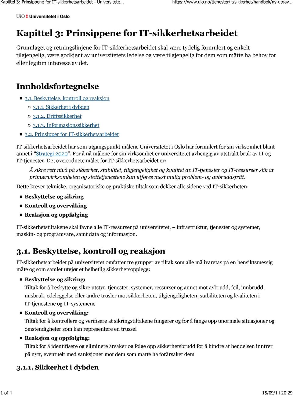 ledelse og være tilgjengelig for dem som måtte ha behov for eller legitim interesse av det. Innholdsfortegnelse 3.1. Beskyttelse, kontroll og reaksjon 3.1.1. Sikkerhet i dybden 3.1.2.