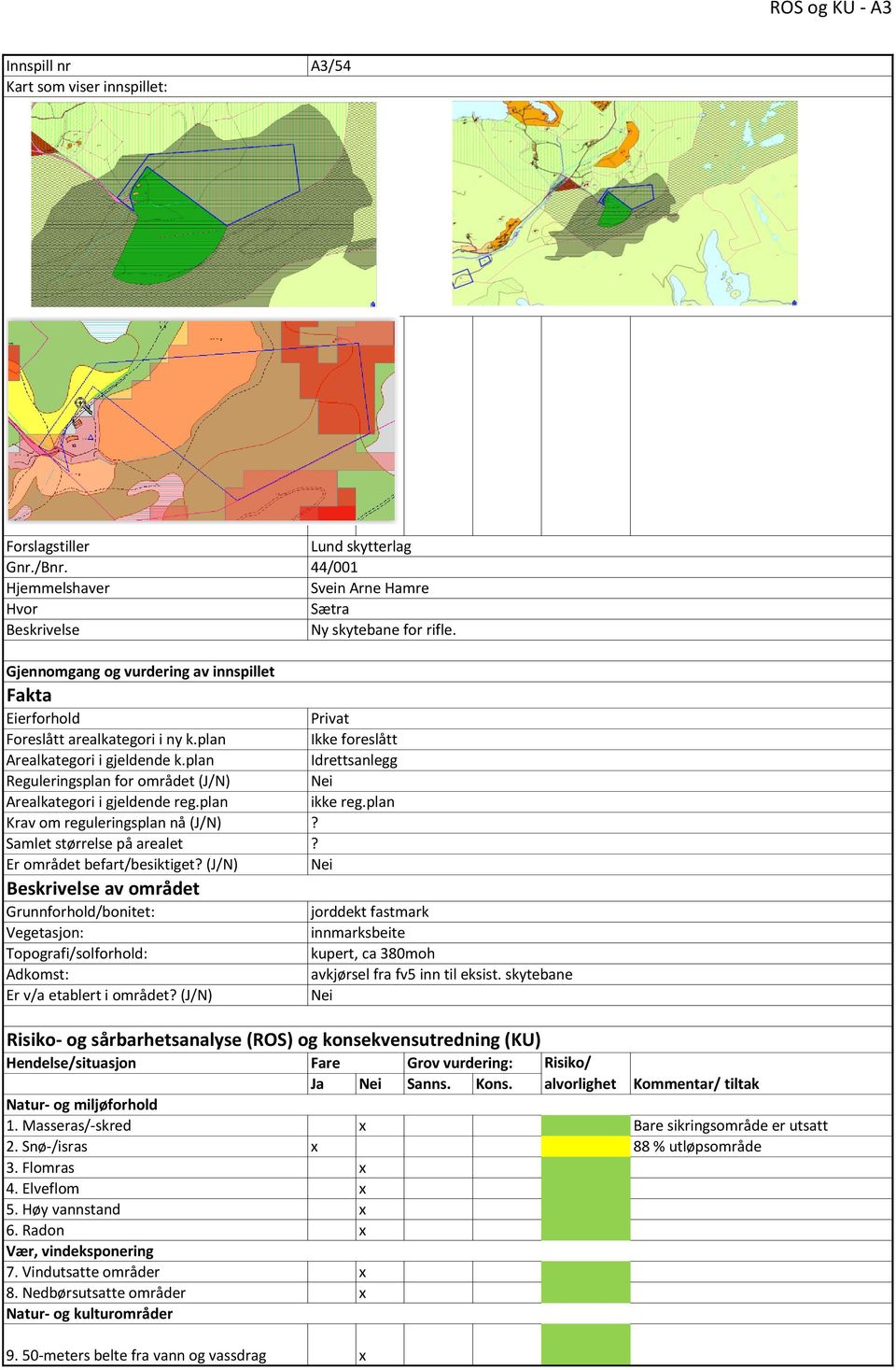 plan Reguleringsplan for området (J/N) Arealkategori i gjeldende reg.plan Krav om reguleringsplan nå (J/N) Samlet størrelse på arealet Er området befart/besiktiget?