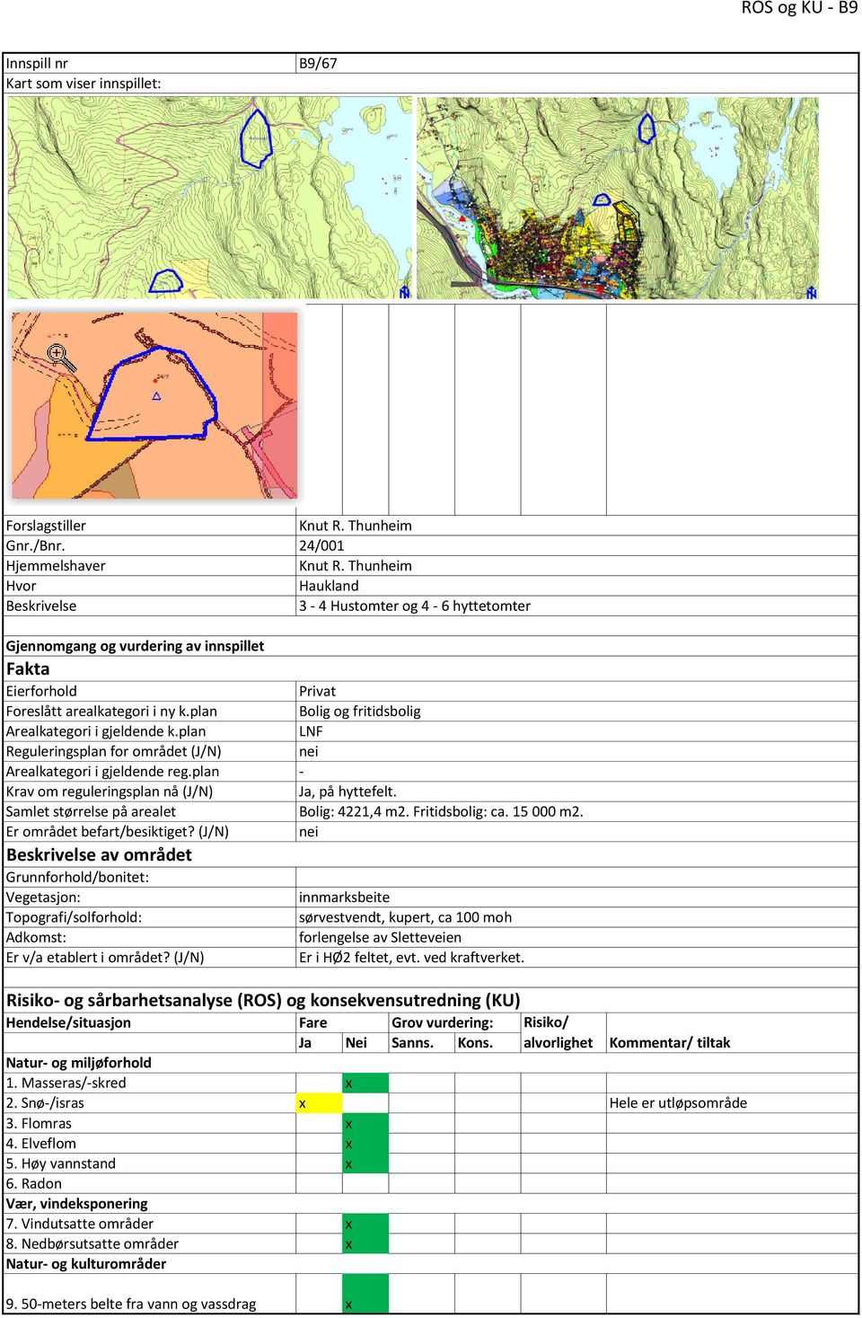 plan Reguleringsplan for området (J/N) Arealkategori i gjeldende reg.plan Krav om reguleringsplan nå (J/N) Samlet størrelse på arealet Er området befart/besiktiget?