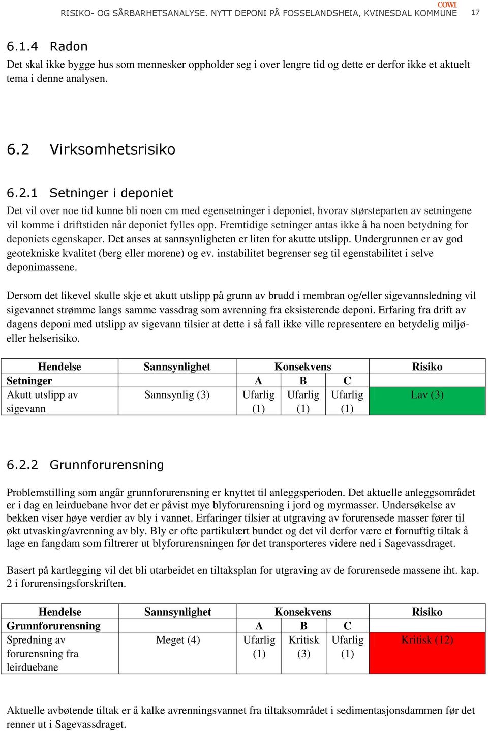 Virksomhetsrisiko 6.2.1 Setninger i deponiet Det vil over noe tid kunne bli noen cm med egensetninger i deponiet, hvorav størsteparten av setningene vil komme i driftstiden når deponiet fylles opp.