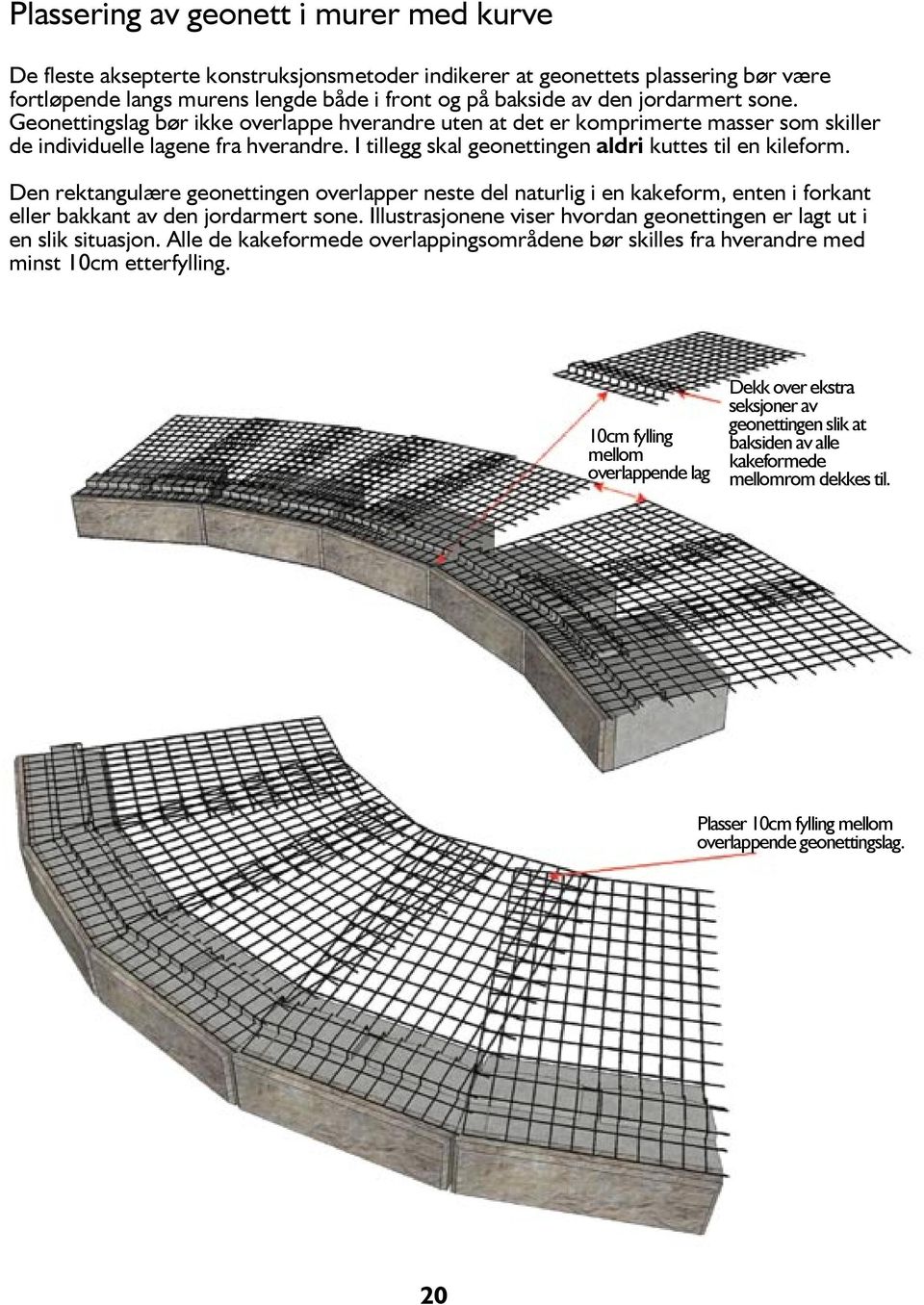 I tillegg skal geonettingen aldri kuttes til en kileform. Den rektangulære geonettingen overlapper neste del naturlig i en kakeform, enten i forkant eller bakkant av den jordarmert sone.