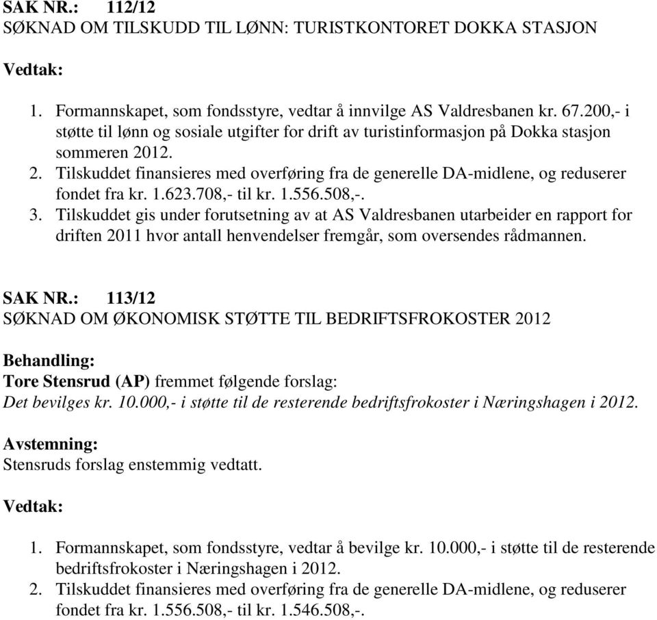 1.623.708,- til kr. 1.556.508,-. 3. Tilskuddet gis under forutsetning av at AS Valdresbanen utarbeider en rapport for driften 2011 hvor antall henvendelser fremgår, som oversendes rådmannen. SAK NR.