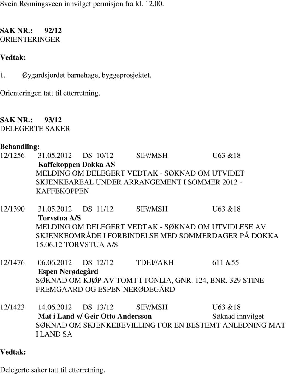 06.12 TORVSTUA A/S 12/1476 06.06.2012 DS 12/12 TDEI//AKH 611 &55 Espen Nerødegård SØKNAD OM KJØP AV TOMT I TONLIA, GNR. 124, BNR. 329 STINE FREMGAARD OG ESPEN NERØDEGÅRD 12/1423 14.06.2012 DS 13/12 SIF//MSH U63 &18 Mat i Land v/ Geir Otto Andersson Søknad innvilget SØKNAD OM SKJENKEBEVILLING FOR EN BESTEMT ANLEDNING MAT I LAND SA Delegerte saker tatt til etterretning.