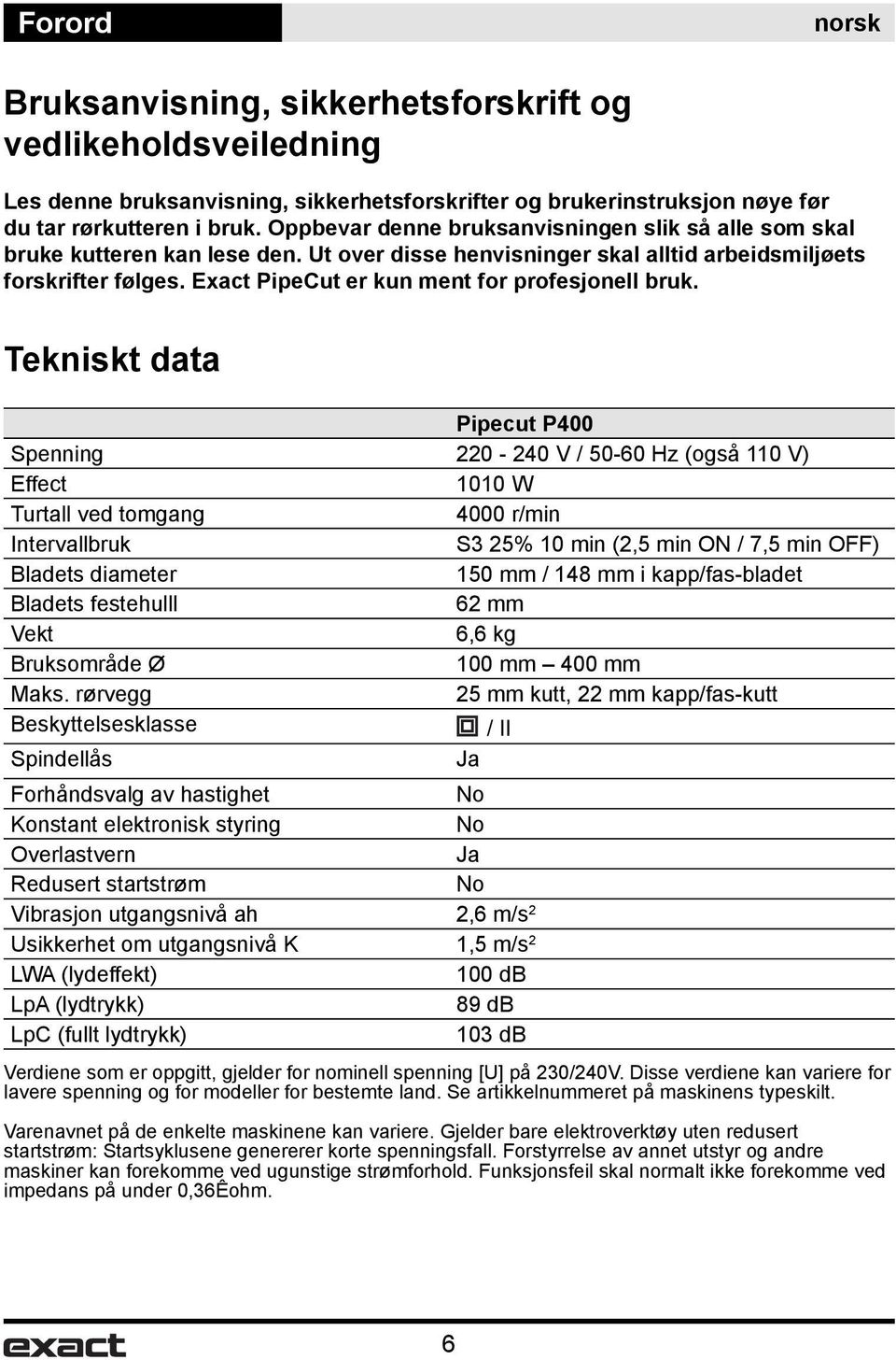 Exact PipeCut er kun ment for profesjonell bruk.