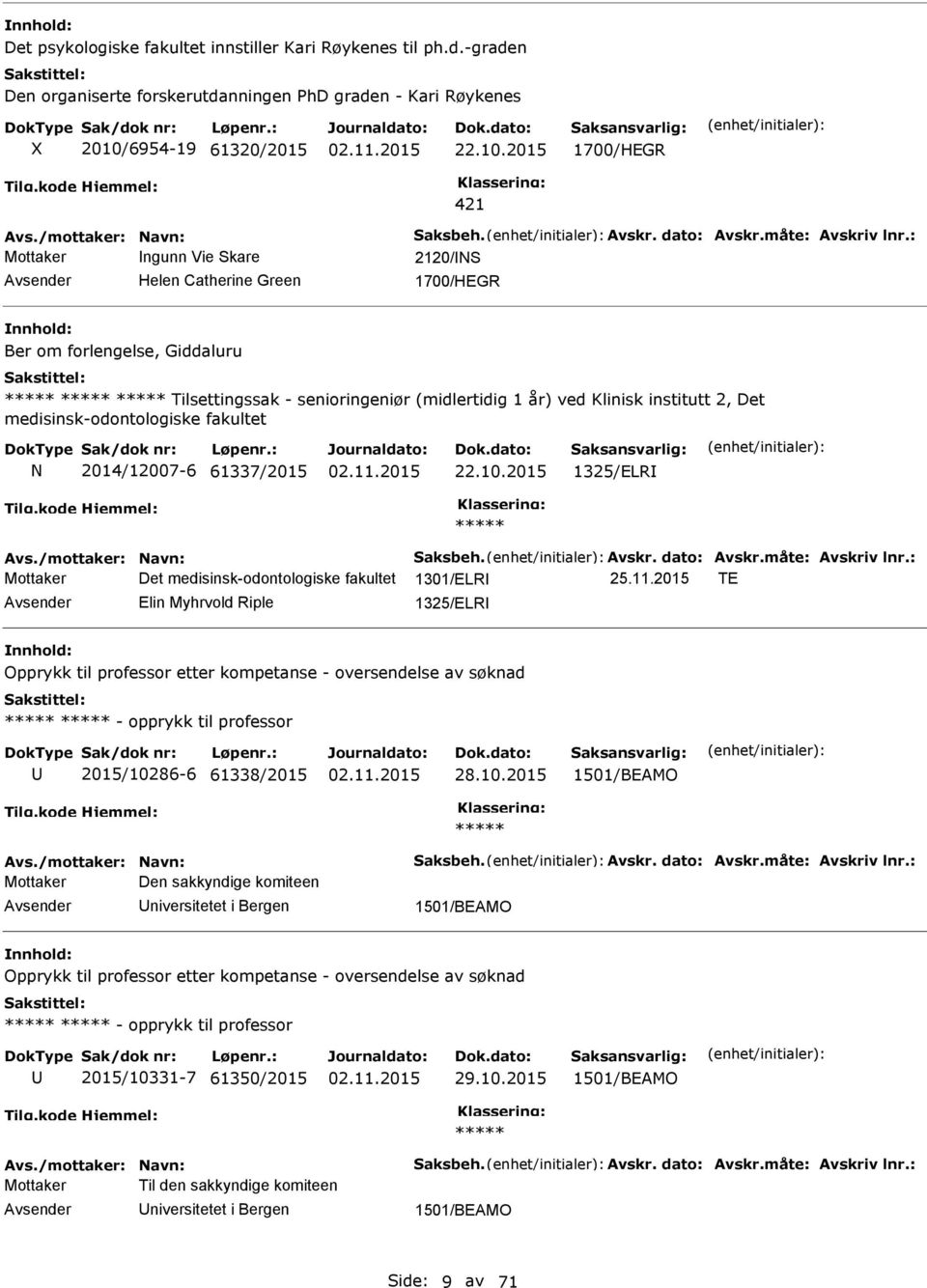 2015 1700/HEGR 421 Mottaker ngunn Vie Skare 2120/NS Helen Catherine Green 1700/HEGR Ber om forlengelse, Giddaluru Tilsettingssak - senioringeniør (midlertidig 1 år) ved Klinisk institutt 2, Det