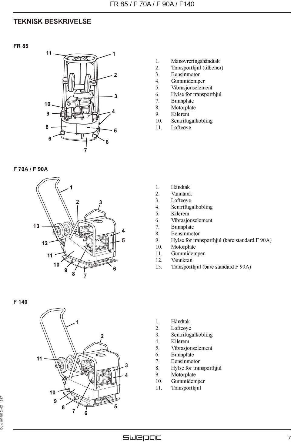 Vibrasjonselement 7. Bunnplate 8. Bensinmotor 9. Hylse for transporthjul (bare standard F 90A) 10. Motorplate 11. Gummidemper 12. Vannkran 13.