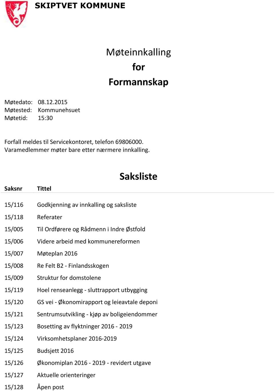 Saksnr Tittel Saksliste 15/116 Godkjenning av innkalling og saksliste 15/118 Referater 15/005 Til Ordførere og Rådmenn i Indre Østfold 15/006 Videre arbeid med kommunereformen 15/007 Møteplan 2016