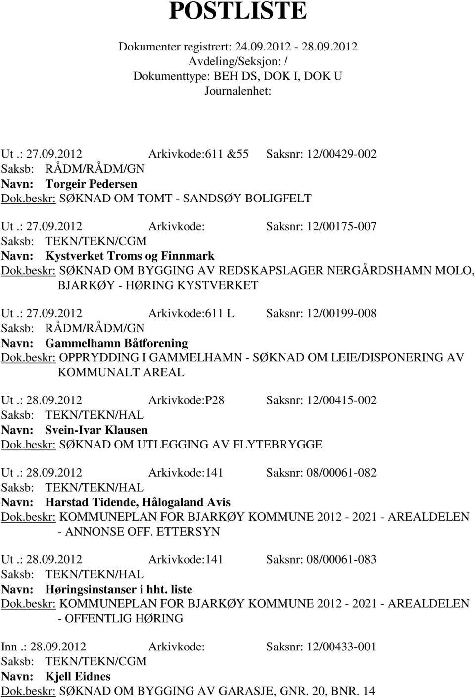 beskr: OPPRYDDING I GAMMELHAMN - SØKNAD OM LEIE/DISPONERING AV KOMMUNALT AREAL Ut.: 28.09.2012 Arkivkode:P28 Saksnr: 12/00415-002 Navn: Svein-Ivar Klausen Dok.