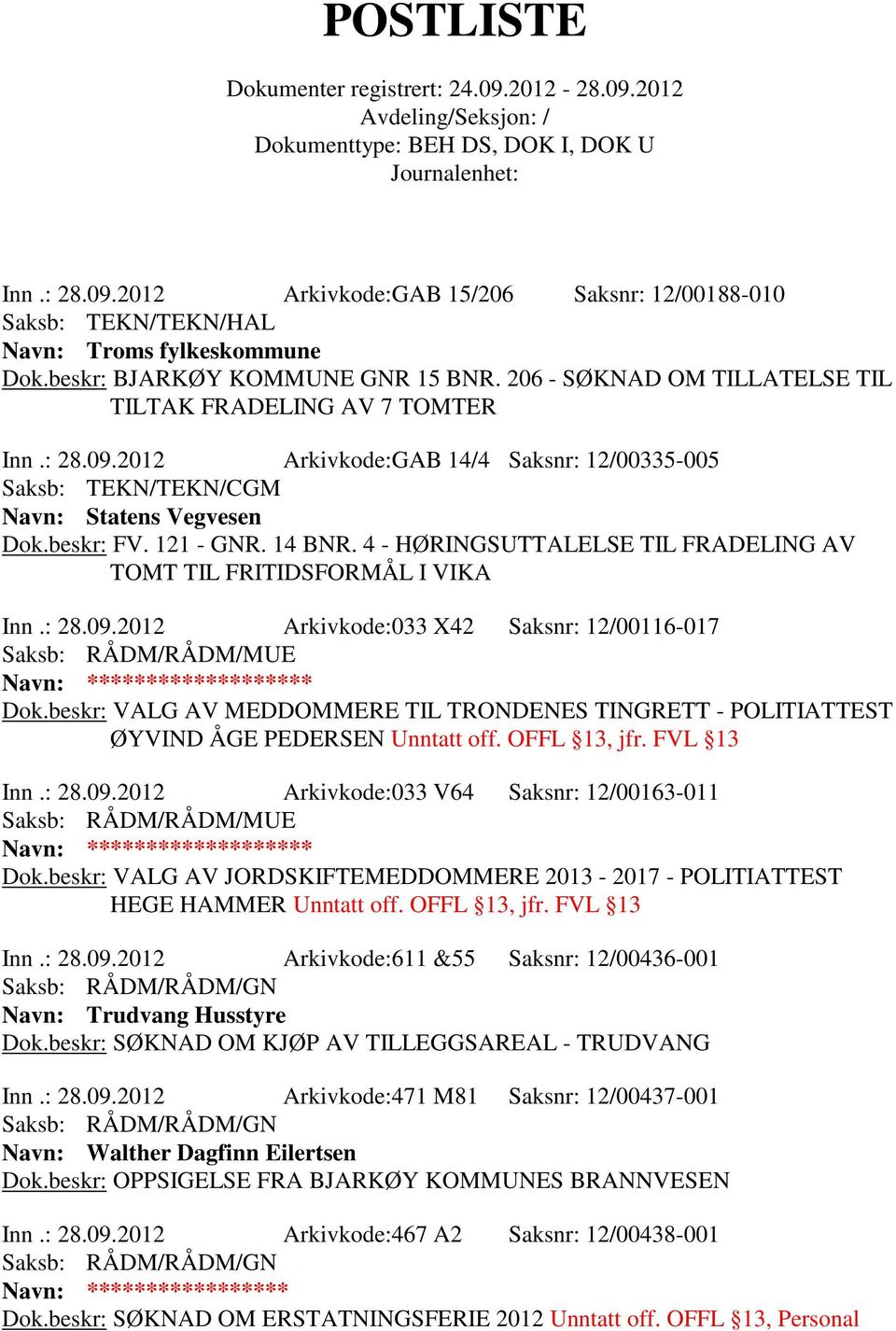 beskr: VALG AV MEDDOMMERE TIL TRONDENES TINGRETT - POLITIATTEST ØYVIND ÅGE PEDERSEN Unntatt off. OFFL 13, jfr. FVL 13 Inn.: 28.09.