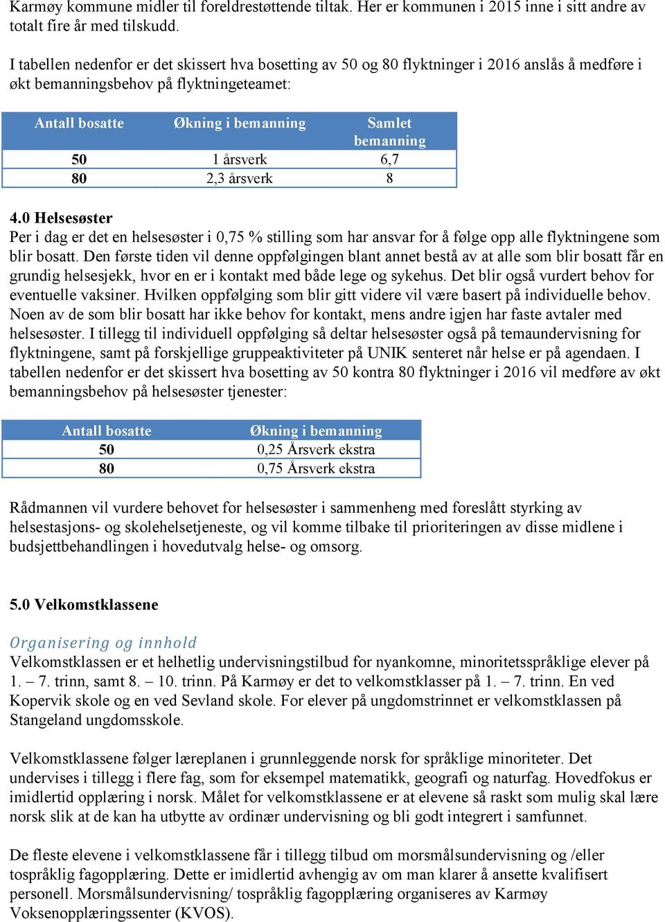 årsverk 6,7 80 2,3 årsverk 8 4.0 Helsesøster Per i dag er det en helsesøster i 0,75 % stilling som har ansvar for å følge opp alle flyktningene som blir bosatt.