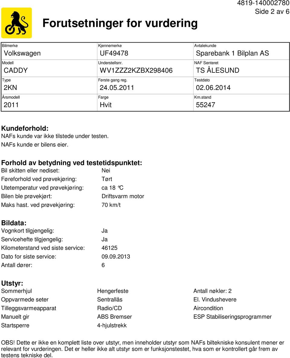 Forhold av betydning ved testetidspunktet: Bil skitten eller nediset: Nei Føreforhold ved prøvekjøring: Tørt Utetemperatur ved prøvekjøring: ca 18 C Bilen ble prøvekjørt: Maks hast.