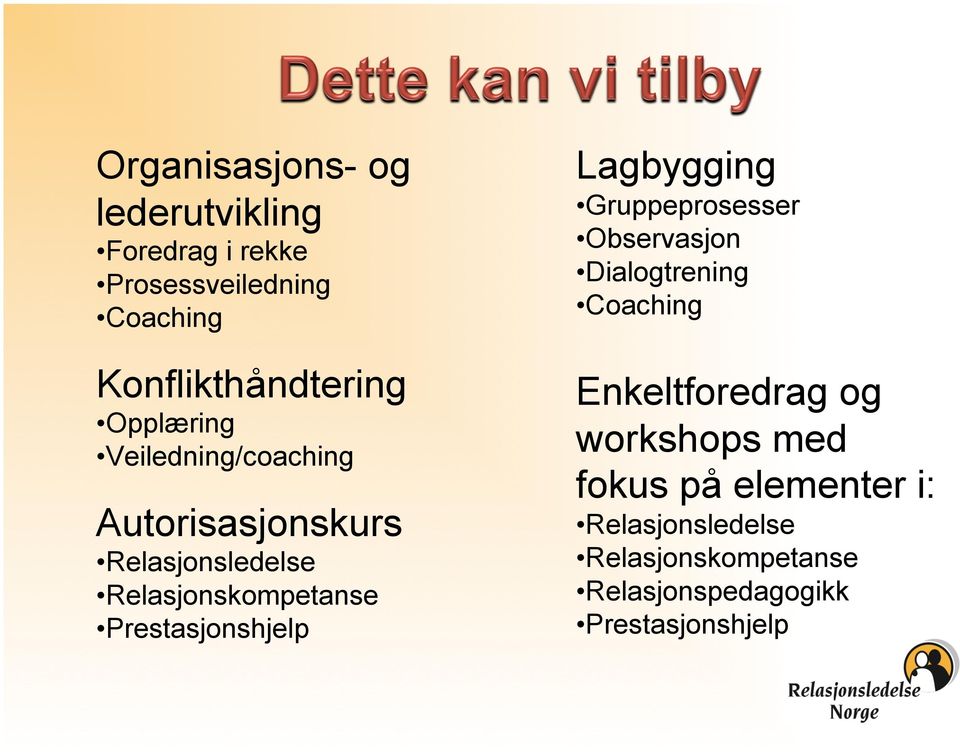 Prestasjonshjelp Lagbygging Gruppeprosesser Observasjon Dialogtrening Coaching Enkeltforedrag og