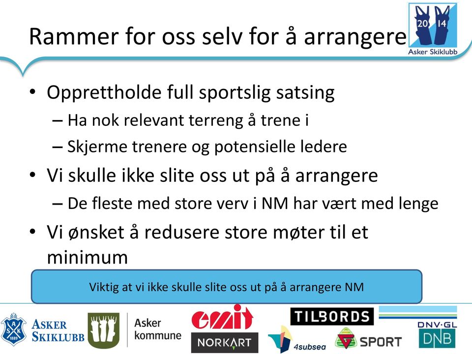 slite oss ut på å arrangere De fleste med store verv i NM har vært med lenge Vi