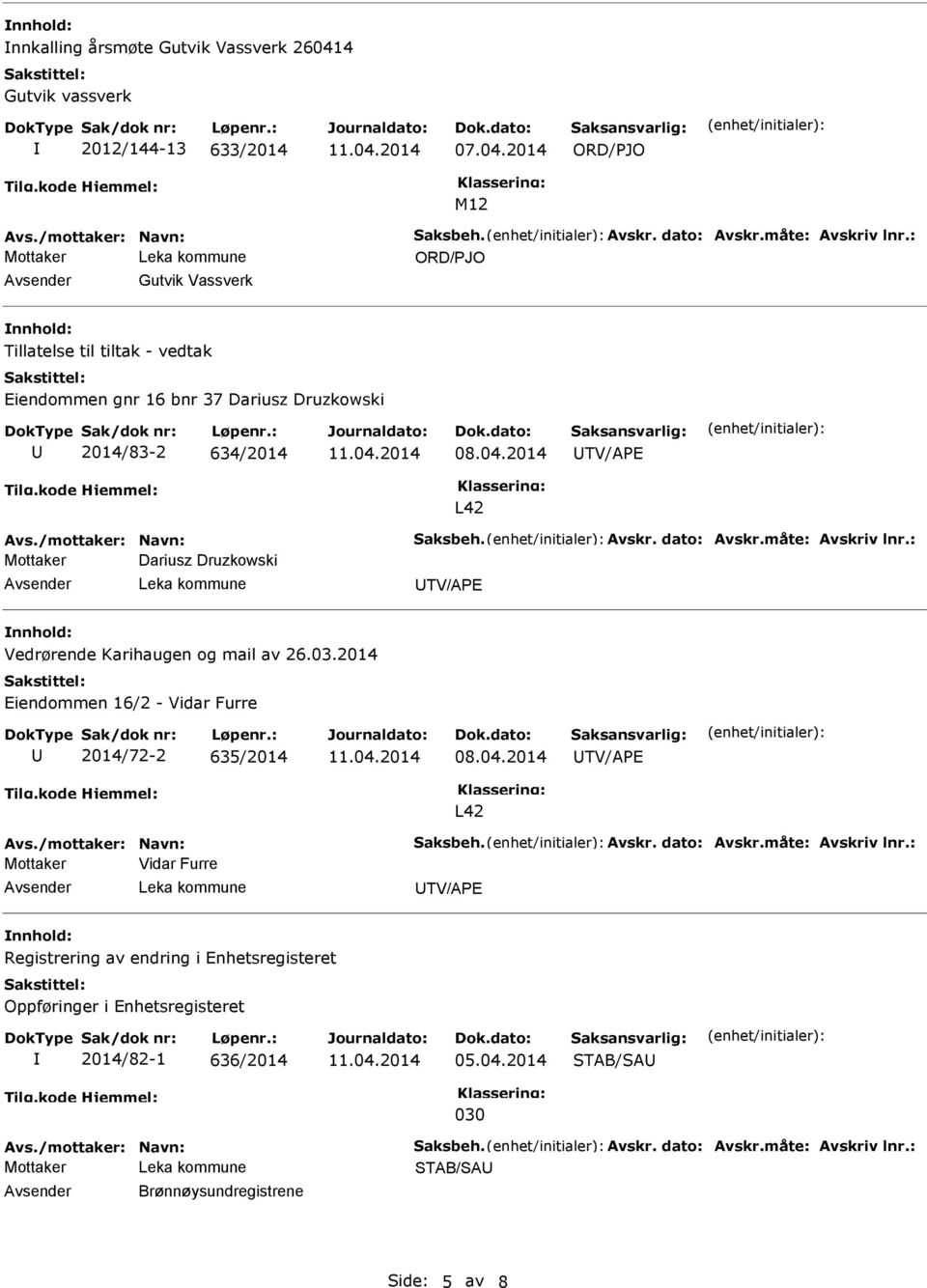 : Dariusz Druzkowski Vedrørende Karihaugen og mail av 26.03.2014 Eiendommen 16/2 - Vidar Furre 2014/72-2 635/2014 L42 Avs./mottaker: Navn: Saksbeh. Avskr. dato: Avskr.måte: Avskriv lnr.