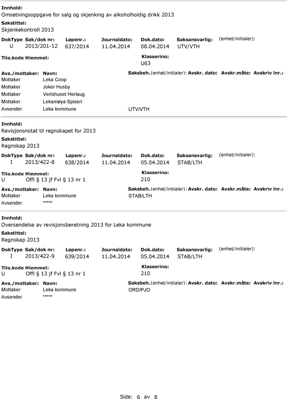 : Leka Coop Joker Husby Vertshuset Herlaug Lekamøya Spiseri TV/VTH Revisjonsnotat til regnskapet for 2013 Regnskap 2013 2013/422-8 638/2014 05.04.