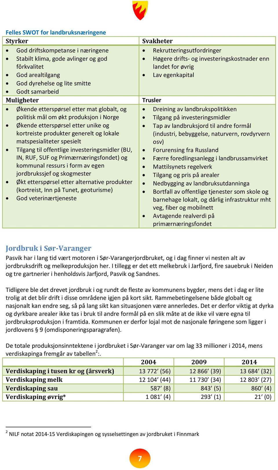 offentlige investeringsmidler (BU, IN, RUF, SUF og Primærnæringsfondet) og kommunal ressurs i form av egen jordbrukssjef og skogmester Økt etterspørsel etter alternative produkter (kortreist, Inn på