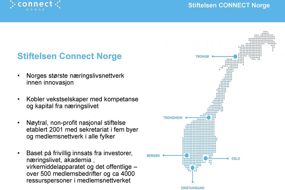 sekretariat i fem byer og medlemsnettverk i alle fylker Baset på frivillig innsats fra investorer, næringslivet,