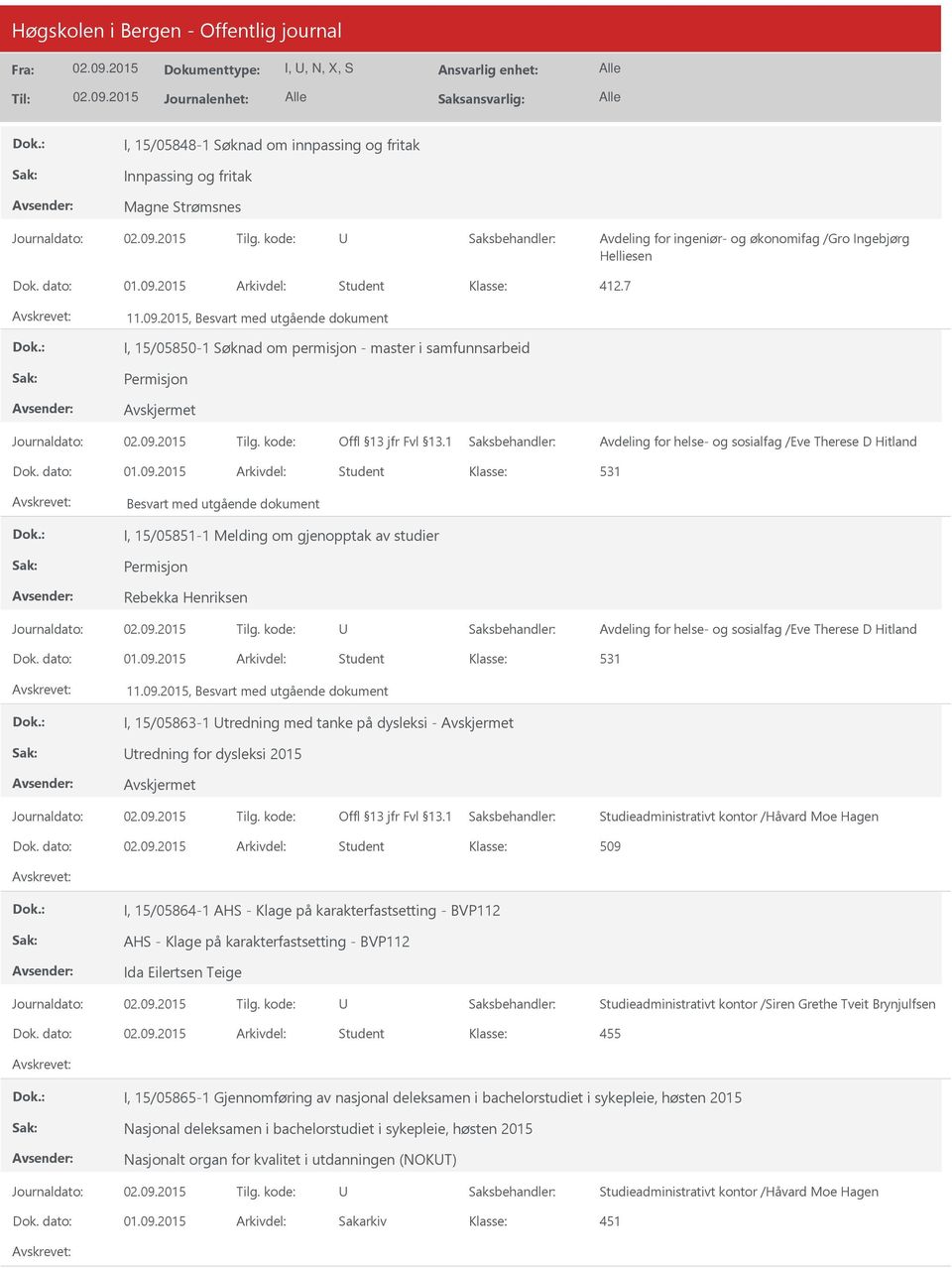 dokument I, 15/05851-1 Melding om gjenopptak av studier Permisjon Rebekka Henriksen Avdeling for helse- og sosialfag /Eve Therese D Hitland 531 11.09.