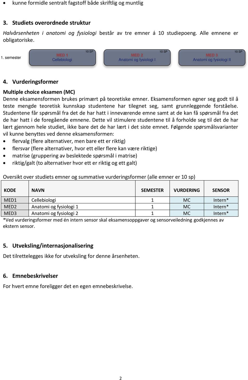 semester MED 1 Cellebilgi 10 SP 10 SP 10 SP MED 2 Anatmi g fysilgi I MED 3 Anatmi g fysilgi II Fellesemner 4.