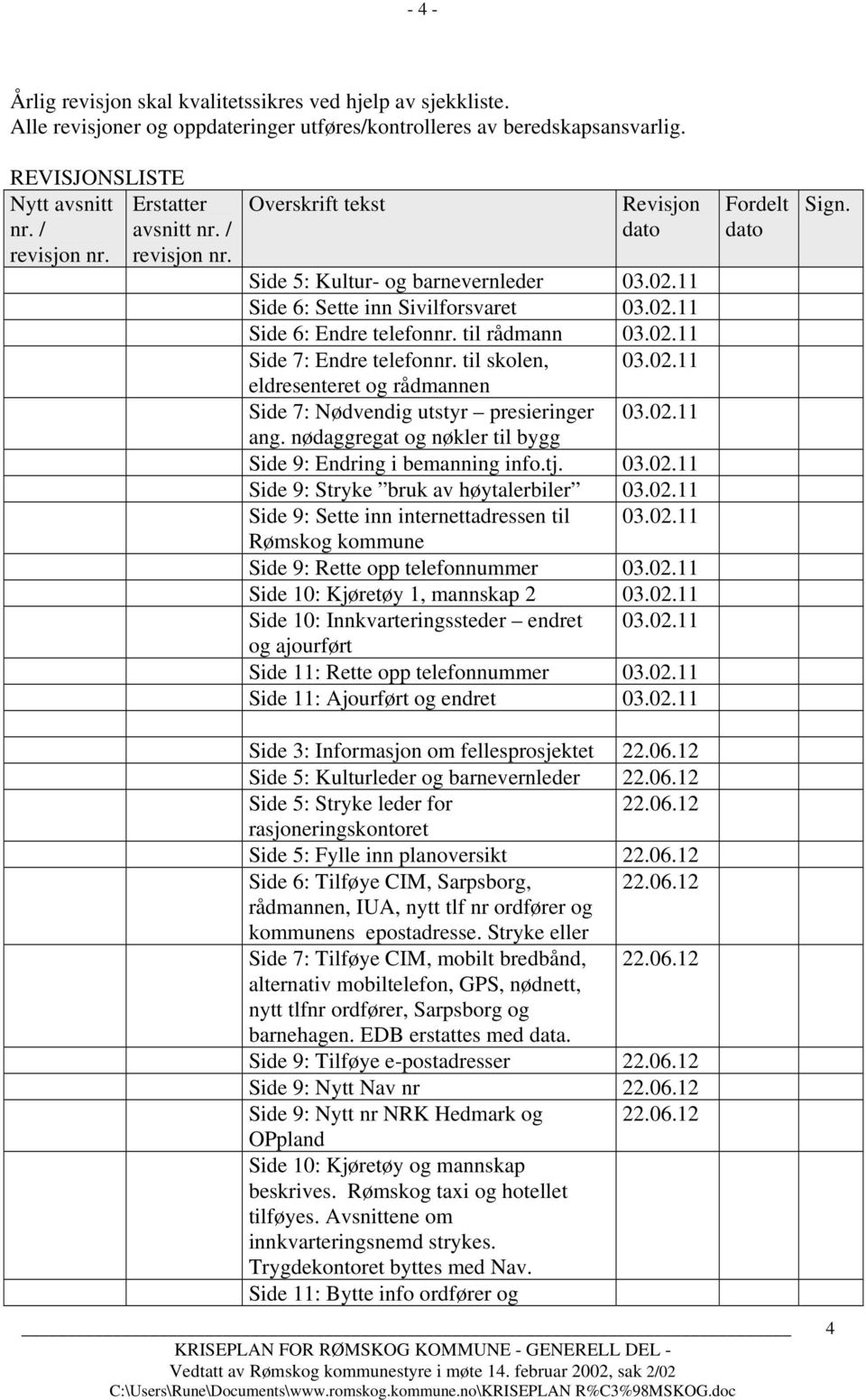 til skolen, 03.02.11 eldresenteret og rådmannen Side 7: Nødvendig utstyr presieringer 03.02.11 ang. nødaggregat og nøkler til bygg Side 9: Endring i bemanning info.tj. 03.02.11 Side 9: Stryke bruk av høytalerbiler 03.