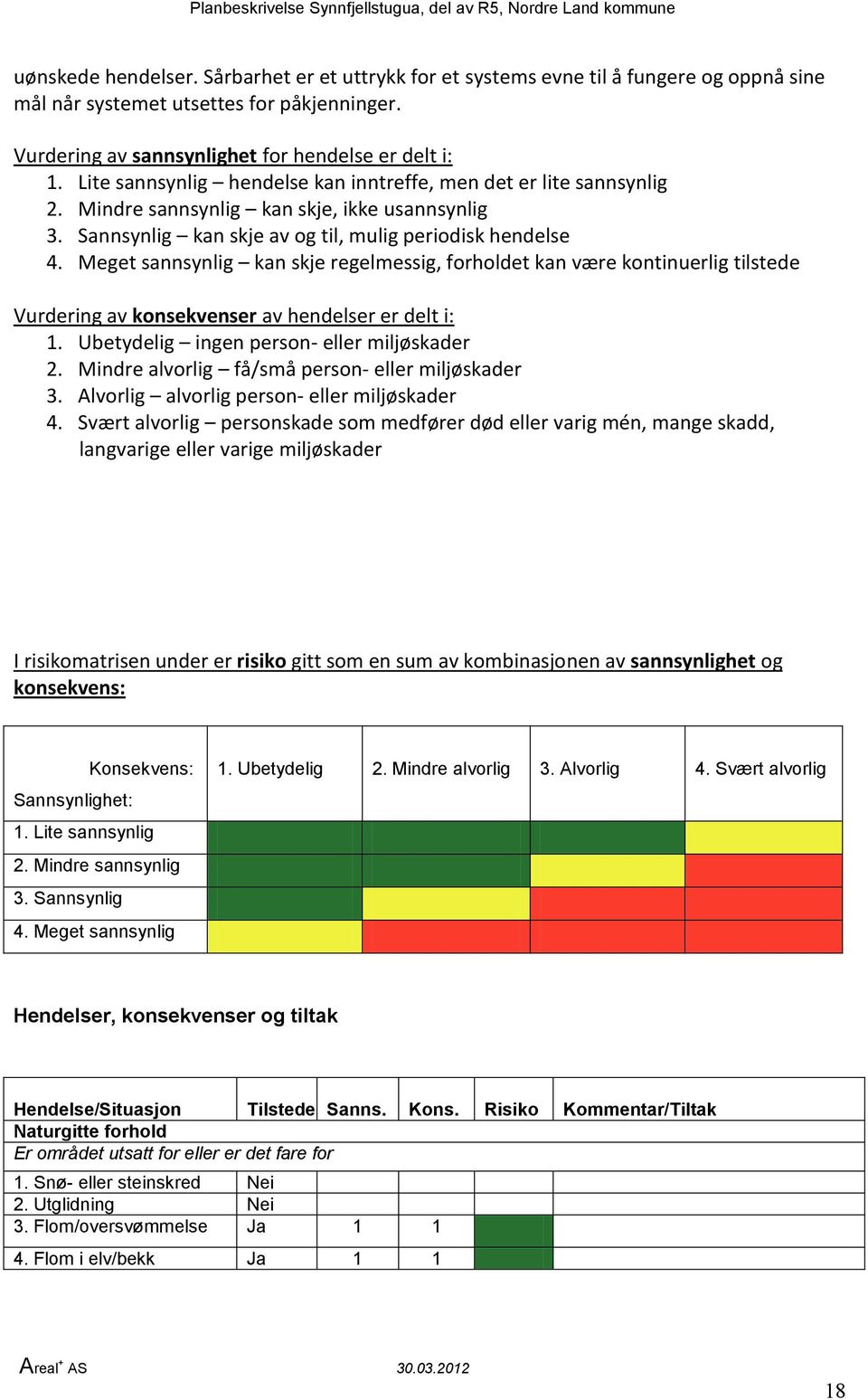 Meget sannsynlig kan skje regelmessig, forholdet kan være kontinuerlig tilstede Vurdering av konsekvenser av hendelser er delt i: 1. Ubetydelig ingen person- eller miljøskader 2.