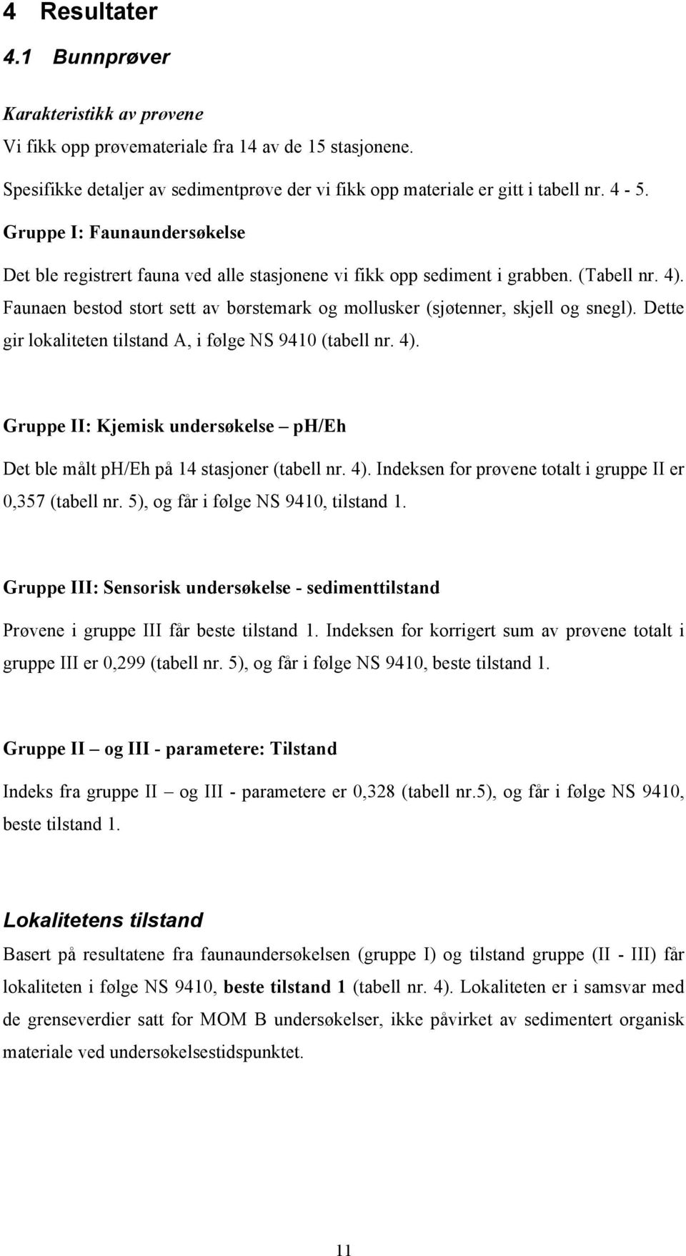 Faunaen bestod stort sett av børstemark og mollusker (sjøtenner, skjell og snegl). Dette gir lokaliteten tilstand A, i følge NS 9410 (tabell nr. 4).