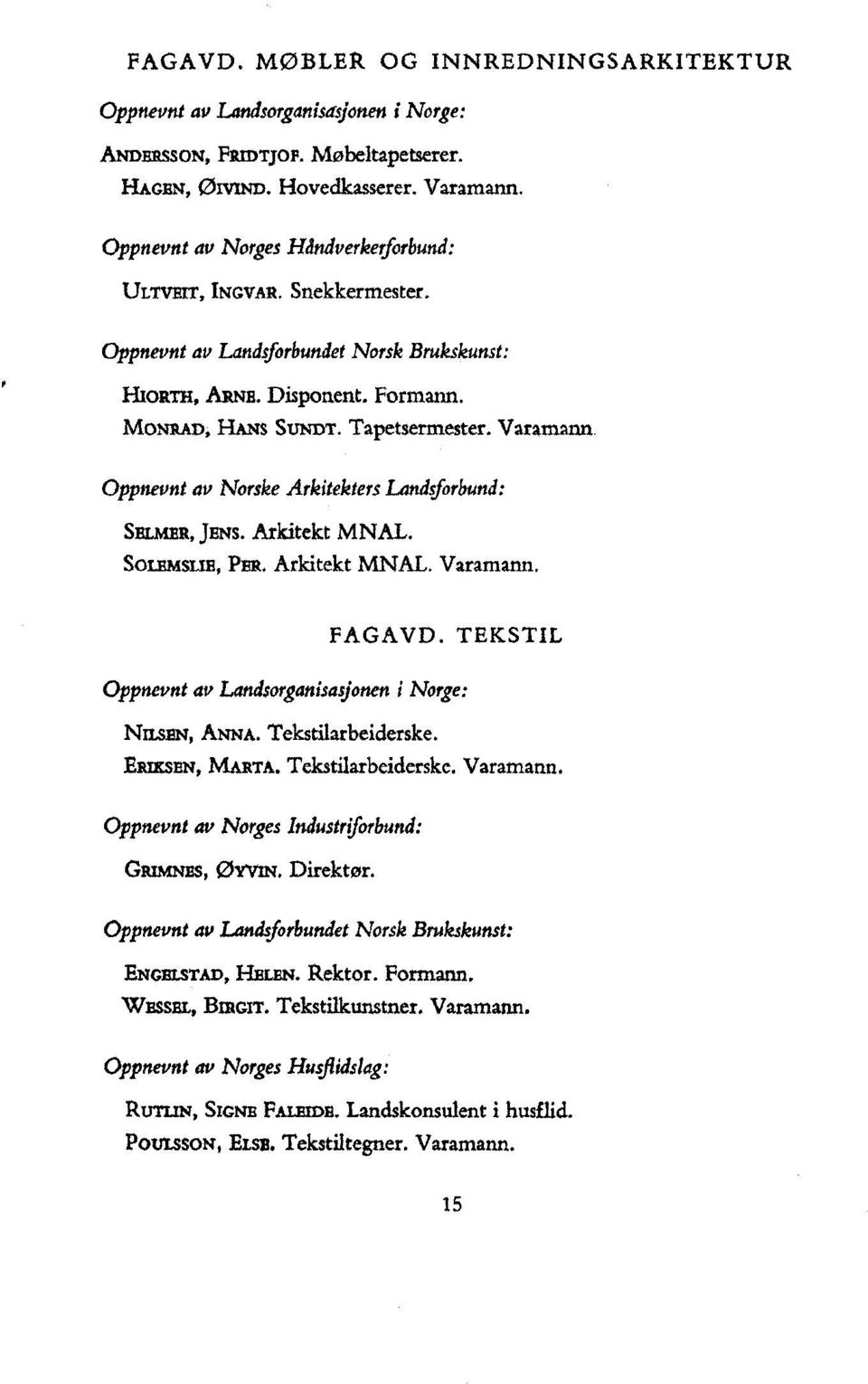 Varamann Oppnevnt av Norske Arkitekters Landsforbund: SELNIER, JErts. Arkitekt MNAL. SOMISII11, PER. Arkitekt MNAL. Varamann. FAGAVD. TEKSTIL Oppnevnt av Landsorganisasionen i Norge: Nnsm,t, ANNA.
