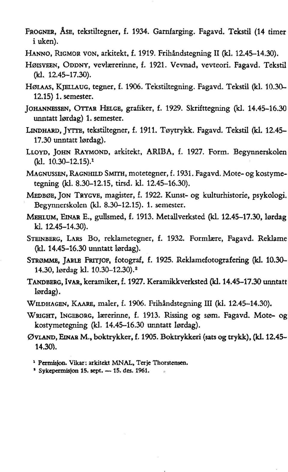 Skrifttegning (kl. 14.45-16.30 unntatt 1ørdag) 1. semester. LINDHARD,jrrrE, teksti1tegner, f. 1911. Tøytrykk. Fagavd. Tekstil (kl. 12.45-17.30 unntatt lørdag). LLOYD, JOHN RAYMOND, arkitekt, ARIBA, f.