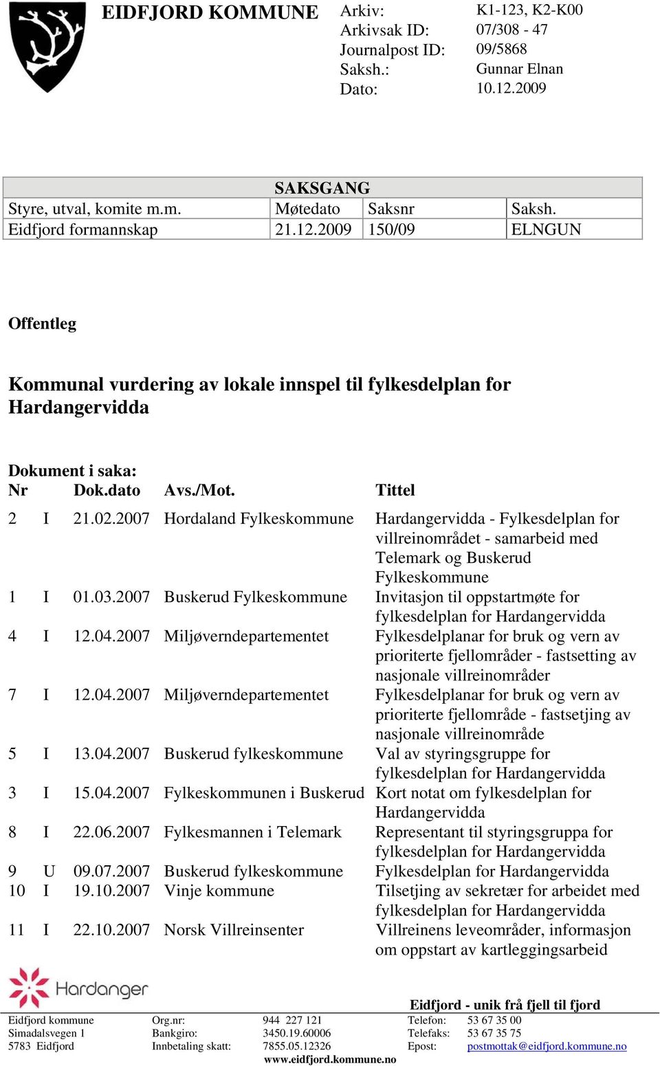 2007 Hordaland Fylkeskommune - Fylkesdelplan for villreinområdet - samarbeid med Telemark og Buskerud Fylkeskommune 1 I 01.03.