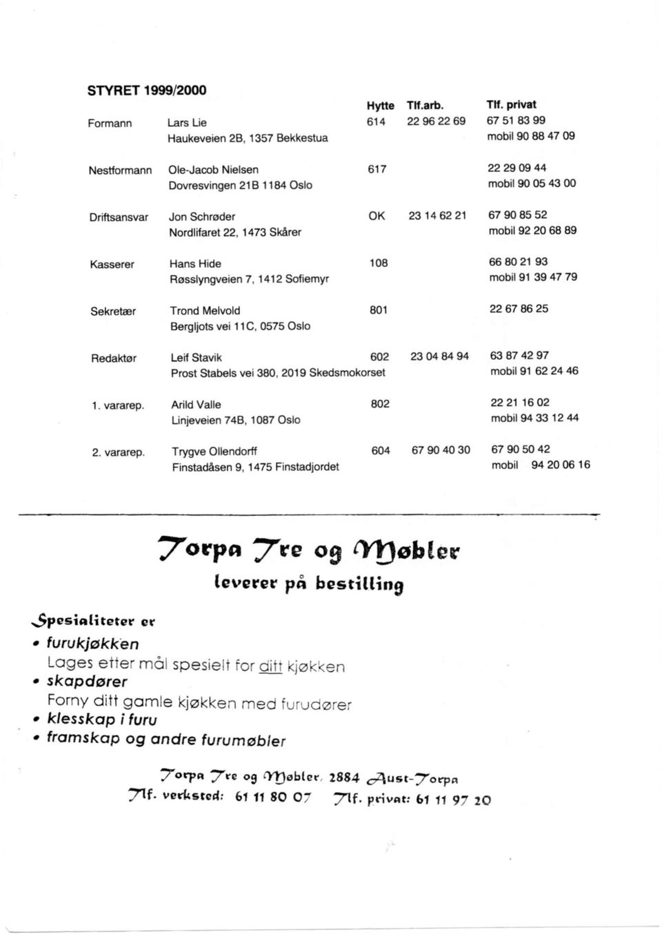 90 85 52 mobil 92 20 68 89 Kasserer Hans Hide Røsslyngveien 7, 1412 Sofiemyr 108 66 80 21 93 mobil 91 39 47 79 Sekretær Trond Melvold Bergljots vei 11C, 0575 Oslo 801 22 67 86 25 Redaktør Leif Stavik