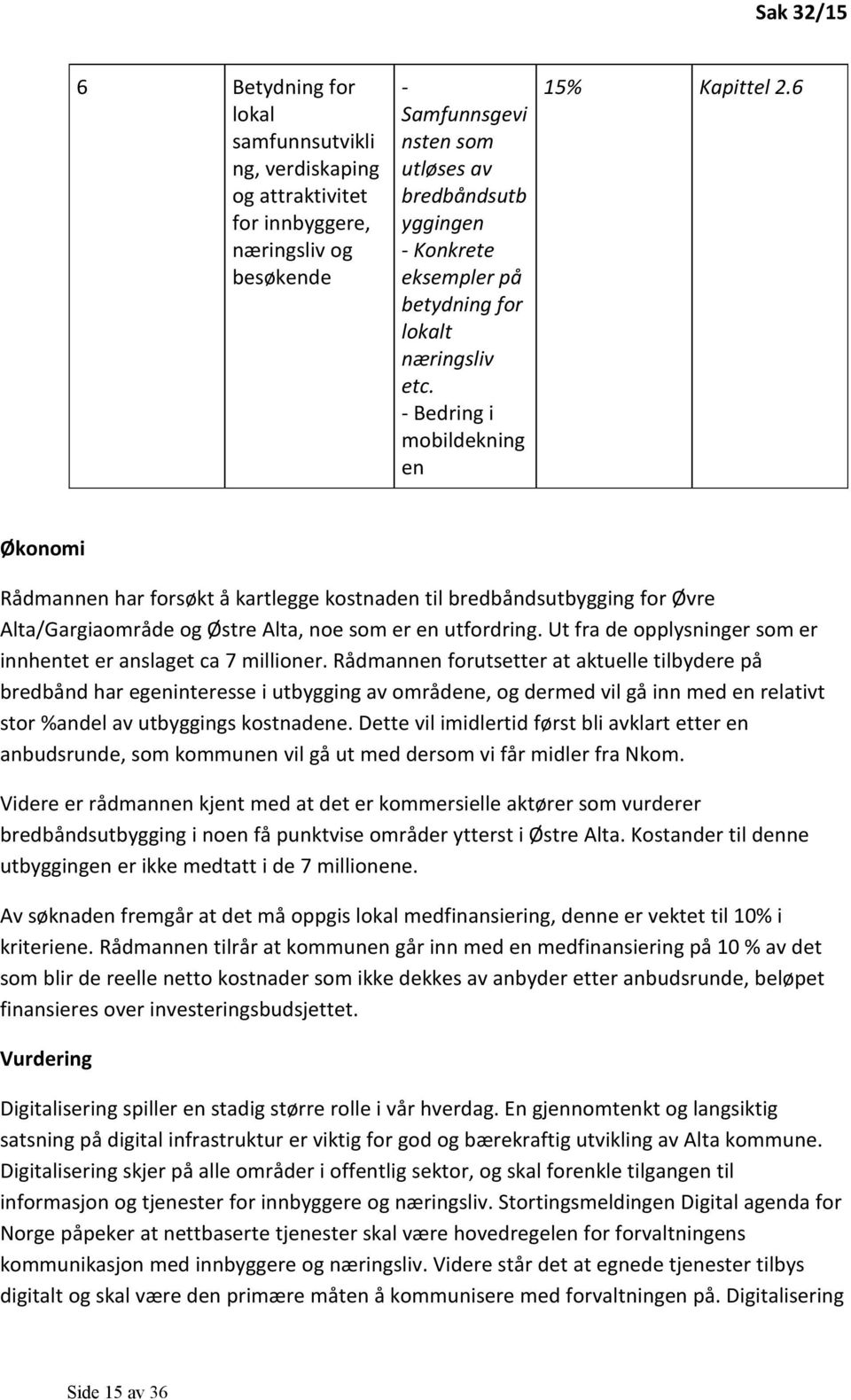 6 Økonomi Rådmannen har forsøkt å kartlegge kostnaden til bredbåndsutbygging for Øvre Alta/Gargiaområde og Østre Alta, noe som er en utfordring.