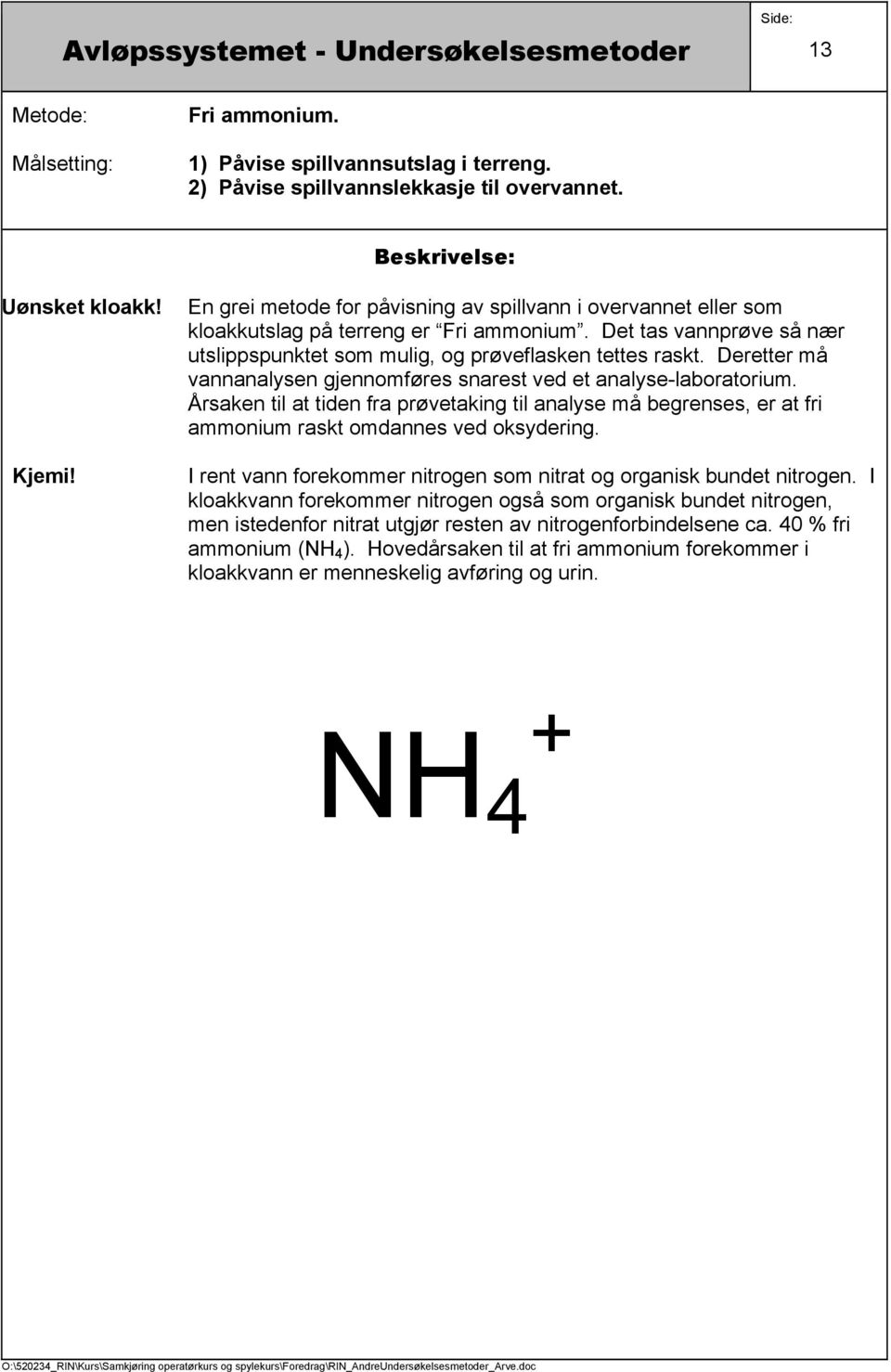 Deretter må vannanalysen gjennomføres snarest ved et analyse-laboratorium. Årsaken til at tiden fra prøvetaking til analyse må begrenses, er at fri ammonium raskt omdannes ved oksydering.